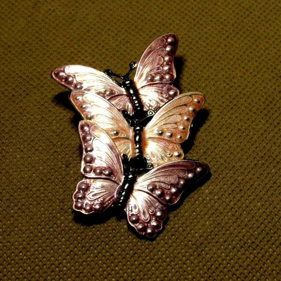 VTG Butterflies Brooch Enameled Filigree 3 Purple - Picture 5 of 8